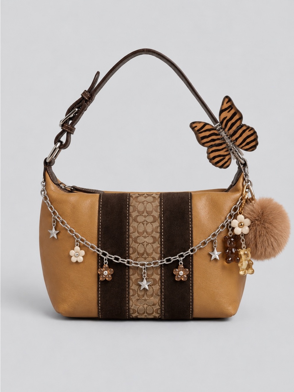 Vintage Coach Hampton Stripe Mini Hobo Demi Pouch In Camel Leather Brown Suede